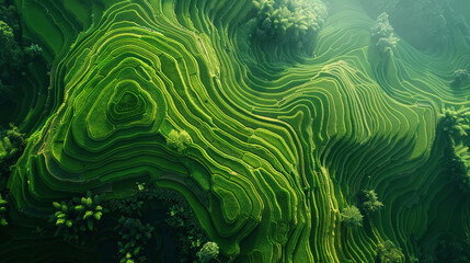 Aerial view of terraced rice fields in lush greenery, showcasing contour farming with beautiful patterns akin to natural artwork on an expansive landscape.