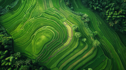 Aerial view of lush green terraced rice fields with a pattern resembling contours on a topographic map, surrounded by trees in a rural landscape.
