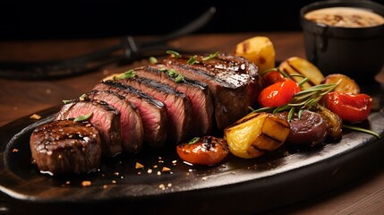A juicy grilled steak cooked to perfection, with grill marks and charred edges, served with roasted vegetables and a drizzle of balsamic glaze.
