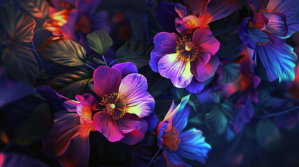 Abstract composition of psychedelic flowers against a dark background, ideal for artistic projects.