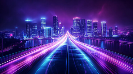 Futuristic night city. Cityscape on a dark background with bright and glowing neon purple and blue lights. Wide highway front view. Cyberpunk and retro wave style illustration.