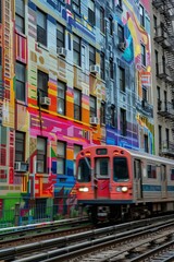 A commuter train is passing by a building with a vibrant and colorful mural painted on its side. The train and the mural create a striking urban contrast against the city backdrop