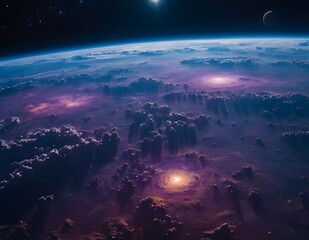abstract background image of space full of wonders. Made of planets and stars with unique color and placement. AI generated