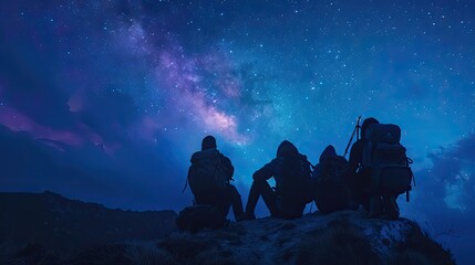 A group of four people are sitting on a mountain top, looking up at the stars. The sky is dark and the stars are shining brightly