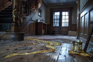 The room has been torn apart with objects scattered everywhere. Tape has been placed on the floor, indicating a crime scene reenactment taking place. The chaos suggests a struggle or theft occurred - Powered by Adobe