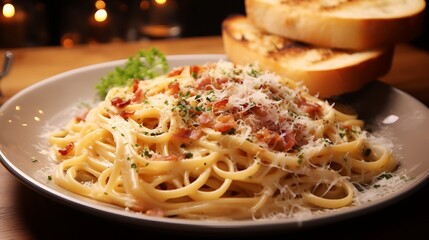 A plate of creamy carbonara pasta topped with crispy pancetta, grated Parmesan cheese, and freshly cracked black pepper, served with garlic bread on the side.