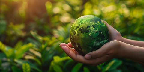 Abbiamo cura del nostro pianeta. Mani che tengono un piccolo pianeta Terra. Sfondo verde.