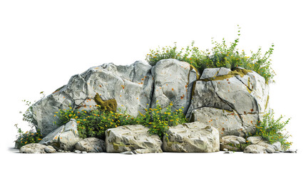 A realistic 3D render of a pile of rocks with various green plants and shrubs growing in between and on top of the stones.