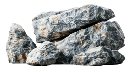 A group of natural rocks with various shades of gray and streaks of yellow mineral deposits, displayed against a white background.