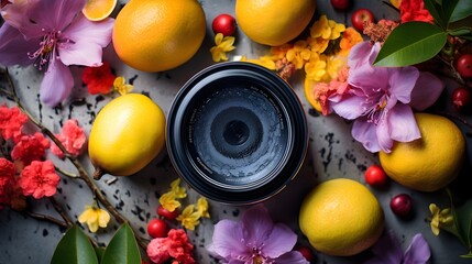 Camera lens encircled by colorful blossoms and ripe fruits