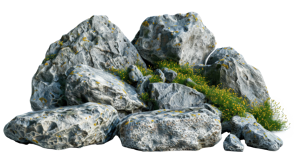 A realistic 3D rendering of various sized grey rocks with patches of green moss, likely symbolizing strength, stability, or natural beauty in its simplicity.