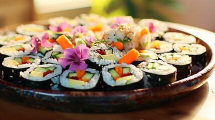 A platter of colorful vegetable sushi rolls featuring avocado, cucumber, carrot, and asparagus, wrapped in nori and sushi rice, served with soy sauce and pickled ginger.