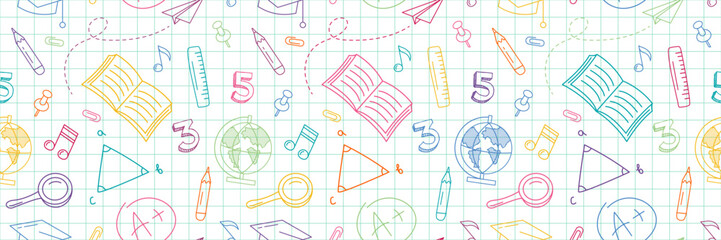 Back to school Background. Seamless Pattern with Doodle supplies. Children colorful Background with scribble. Back to school concept banner and background. Doodles with Colored Pencils in Notebook