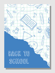 Back to School Background with Doodle School Supplies. Checkered Notebook with Scribble. Seamless Background Back to School. Poster and banner with title and elements on background