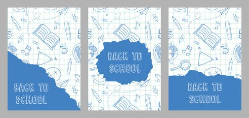Naklejka premium Set of Back to School banners with hand draw doodle background. Seamless backgrounds with doodles. Torn notebook sheet. Posters with doodles of school supplies drawn by pen on notebook sheet