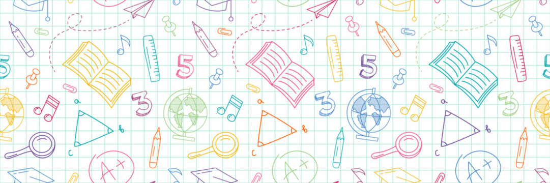 Back to school Background. Seamless Pattern with Doodle supplies. Children colorful Background with scribble. Back to school concept banner and background. Doodles with Colored Pencils in Notebook - Powered by Adobe