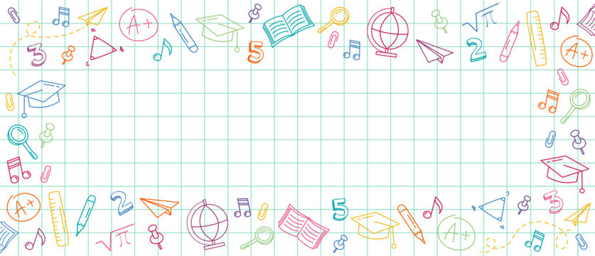 Welcome Back to school Horizontal banner, doodle on checkered paper background, vector illustration. Colorful Scribbles on  notebook sheet. Vector illustration in linear style