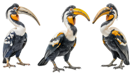 Three different poses of a great hornbill bird with a striking yellow and black casque on a white background.