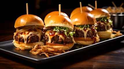 A platter of gourmet sliders featuring mini beef burgers topped with melted cheese, caramelized onions, and tangy barbecue sauce, served on toasted brioche buns.