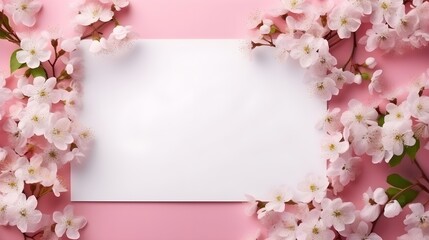 From above, blank white paper and delicate spring flowers on a pink table,