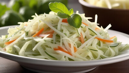 Vegetables salad with cabbage and carrot on wooden table, close up view. - Powered by Adobe
