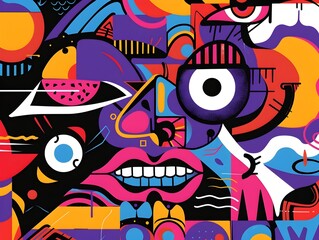 Obraz premium Vibrant Geometric Abstraction with Playful Mischievous Grin Elements in Bold Neon Hues