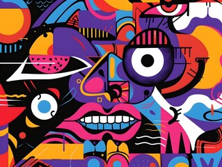 Vibrant Geometric Abstraction with Playful Mischievous Grin Elements in Bold Neon Hues