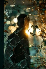 A man stands before a shattered window, the broken glass shards reflecting the dim light. He appears contemplative as he gazes at the damage before him