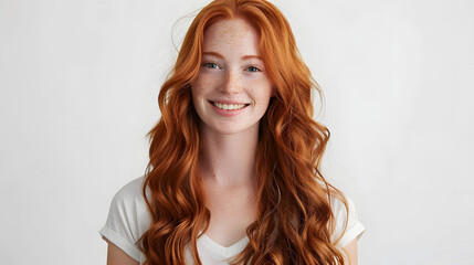 Closeup of happy attractive young woman with long wavy red hair and freckles wears stylish t shirt looks happy and smiling isolated over white background