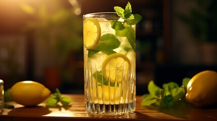 A refreshing glass of homemade lemonade garnished with a lemon slice and a sprig of fresh mint, served over ice cubes in a tall glass.