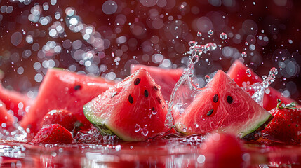 Multiple tasty watermelon slices in water splashes. Studio close up view food photography - Powered by Adobe