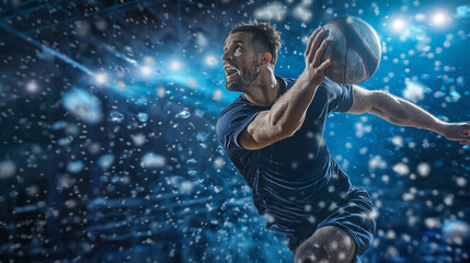 Male athlete holding handball ball during a game on dark background in blue colors. Dynamic sport epic  shot with copy space