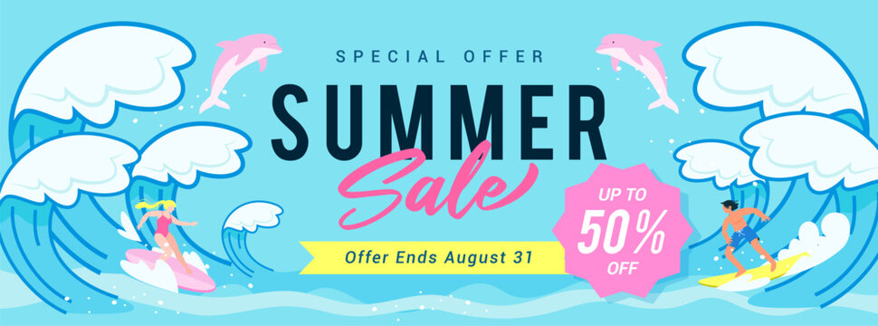 Summer sale promotion banner vector illustration. Big wave surfing with pink dolphin jumping