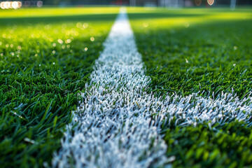 Lush grass field with white line running through it, likely marking a boundary or sport soccer...