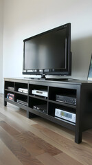 Modern Black Wooden TV Stand with Spacious Compartments in An Elegant Living Room