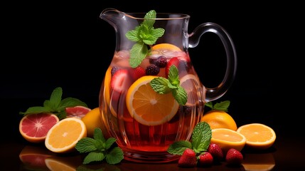 A refreshing pitcher of sangria filled with sliced citrus fruits, berries, and fresh mint leaves, perfect for summer gatherings and outdoor parties.