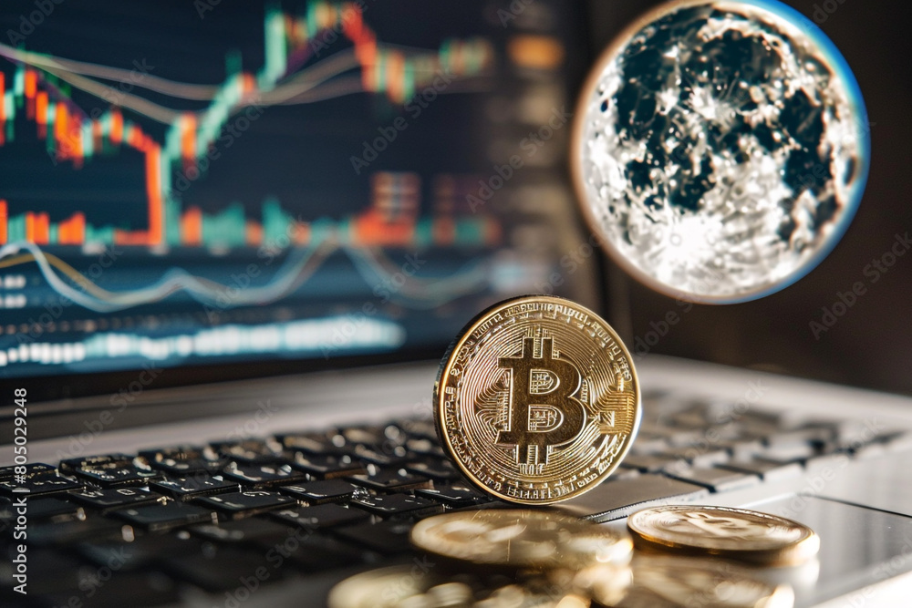 Poster close-up of a laptop screen with a bitcoin trading platform, graph line extending off-screen towards