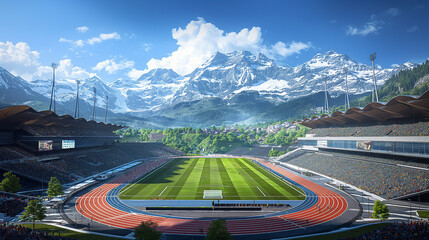 Aerial  view of stadium with snowy mountainous backdrop..  Big stadium with running tracks and stands for fans