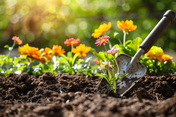 Garden with flowers and shovel in the dirt as a person plants new flowers under the sun. Gardening, planting flower