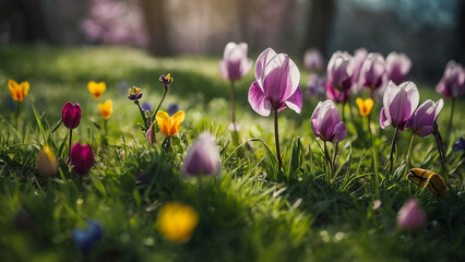 Beautiful crocus flowers blooming in the forest with soft background