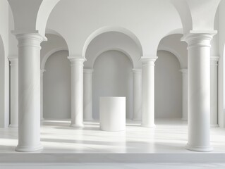 Spacious interior with white arches, columns, and a cylindrical podium on a marbled floor, conveying elegance and serenity.