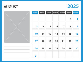 calendar 2025 year template - August 2025 year, Week Starts on Sunday, Desk calendar 2025 design, Wall calendar, planner design, stationery, printing media, Blue background, vector