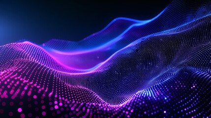 Abstract background with black gradient and blue purple glowing dots on dark wave pattern for digital technology, science or futuristic concept design banner.