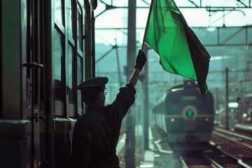 A man, possibly a train conductor, is seen holding a green umbrella while standing next to a stationary train. The man appears to be signaling the trains departure with the umbrella