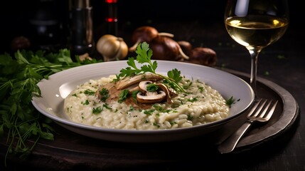 A rustic bowl of creamy mushroom risotto garnished with fresh parsley and shaved Parmesan cheese, served with a glass of white wine.