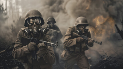 Soldiers in gas masks advancing through smoke