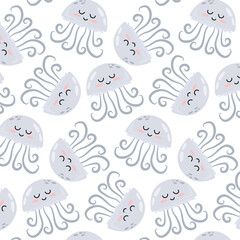 Pattern with cute cartoon gray jellyfish. Underwater animal in flat style. Kids background. Pattern for textile, wrapping paper, background.