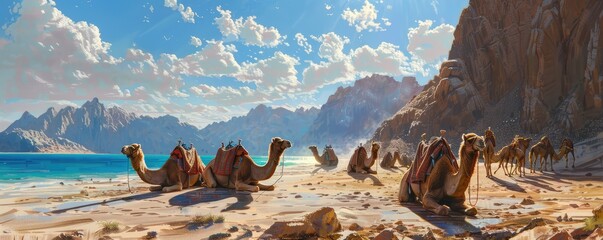 camels resting in desert with majestic mountain range in the distance