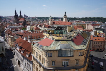 A scenic panorama showcasing the terracotta rooftops and historical towers of a charming european city Prague. Panorama of the Old Town architecture in Prague, Czech Republic
