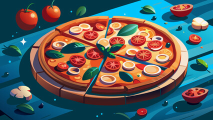 an image of a large pizza with tomatoes, onions and pepperoni on the board. The background of the image is dark and there is nothing on the background